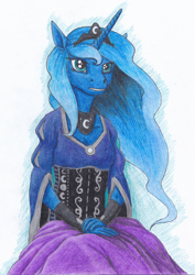 Size: 2116x2983 | Tagged: safe, artist:breadworth, princess luna, anthro, clothes, dress, solo, traditional art
