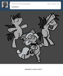 Size: 666x800 | Tagged: safe, artist:egophiliac, princess luna, oc, oc:frolicsome meadowlark, oc:sunshine smiles (egophiliac), bat pony, pony, animated, bipedal, cartographer's cap, dance party, dancing, filly, gif, grayscale, hat, hooves in air, monochrome, mood whiplash, moonstuck, party hard, spinning, suddenly, woona, younger