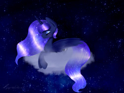 Size: 1024x768 | Tagged: safe, artist:dashiepl, princess luna, alicorn, pony, cloud, eyes closed, night, shiny, sky, solo, stars