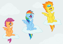 Size: 2375x1650 | Tagged: safe, artist:faikie, rainbow dash, scootaloo, spitfire, pegasus, pony, female, mare, wings