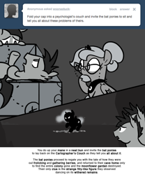 Size: 666x800 | Tagged: safe, artist:egophiliac, nightmare moon, princess luna, oc, oc:frolicsome meadowlark, oc:sunshine smiles (egophiliac), bat pony, pony, cartographer's couch, dark woona, filly, glasses, grayscale, monochrome, moonstuck, nightmare woon, tumblr, woona, younger