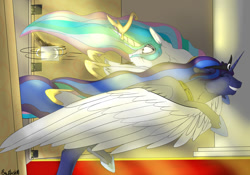 Size: 1280x896 | Tagged: safe, artist:backlash91, princess celestia, princess luna, alicorn, pony, coffee, glomp, happy, hug, tackle