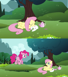 Size: 1280x1440 | Tagged: safe, artist:capnpea, edit, angel bunny, fluttershy, pinkie pie, earth pony, pegasus, pony, too many pinkie pies, angelshy, bestiality, caught, female, flutterzoo, interspecies, kissing, male, shipping, straight