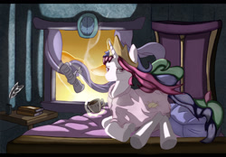 Size: 1600x1112 | Tagged: safe, artist:sceathlet, princess celestia, alicorn, pony, bed, coffee, magic, morning ponies, newspaper, solo, sunrise, underhoof