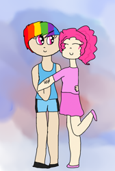 Size: 900x1339 | Tagged: safe, artist:kacotheunicorn, pinkie pie, rainbow dash, female, hug, humanized, lesbian, pinkiedash, shipping