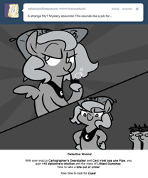 Size: 666x800 | Tagged: safe, artist:egophiliac, princess luna, oc, oc:frolicsome meadowlark, oc:sunshine smiles (egophiliac), bat pony, pony, bubble pipe, cartographer's deerstalker, ceci n'est pas une pipe, filly, grayscale, monochrome, moonstuck, pipe, woona, woonoggles, younger