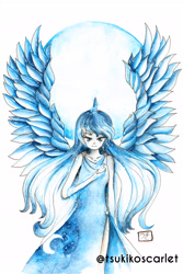 Size: 3600x5376 | Tagged: safe, artist:scarletsiblings, princess luna, human, absurd resolution, clothes, dress, horned humanization, humanized, looking at you, moon, side slit, solo, traditional art, watercolor painting, winged humanization
