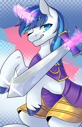 Size: 600x927 | Tagged: safe, artist:snowillusory, shining armor, pony, unicorn, armor, magic, one eye closed, solo, sword, telekinesis, weapon, wink