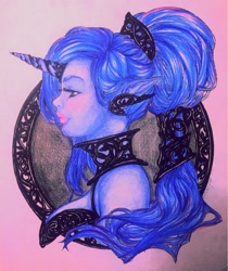 Size: 1024x1221 | Tagged: safe, artist:kumisasoriza, artist:michellehoefener, princess luna, human, elf ears, horned humanization, humanized, solo, traditional art