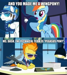 Size: 650x733 | Tagged: safe, edit, edited screencap, screencap, rainbow dash, spitfire, pegasus, pony, wonderbolts academy, comic, desk, image macro, office, sunglasses, window, wonderbolt trainee uniform