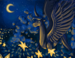 Size: 3405x2610 | Tagged: safe, artist:auburngeek, princess luna, alicorn, pony, flower, moon, moonflower, night, solo, spread wings, stars