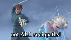 Size: 500x281 | Tagged: safe, edit, screencap, princess celestia, barely pony related, elsa, frozen (movie), goldstein, hat, let's fly to the castle, obligatory pony, op is a cuck, op is trying to start shit, prince hans, toy, trilby