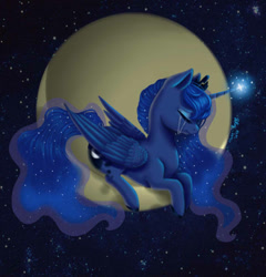 Size: 573x596 | Tagged: safe, artist:nastya-lazy-cat, princess luna, alicorn, pony, crying, eyes closed, magic, moon, prone, solo, tangible heavenly object