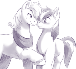 Size: 1112x1011 | Tagged: safe, artist:fizzy-dog, big macintosh, shining armor, earth pony, pony, unicorn, blushing, gay, infidelity, male, nuzzling, shiningmac, shipping, stallion