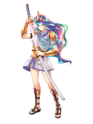 Size: 922x1229 | Tagged: safe, artist:yatonokami, princess celestia, human, armor, clothes, commission, feet, female, humanized, katana, looking at you, magic, sandals, simple background, solo, sword, transparent background, warrior celestia, weapon