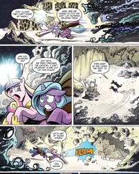 Size: 1382x1721 | Tagged: safe, artist:andypriceart, idw, princess cadance, rabia, radiant hope, alicorn, pony, umbrum, unicorn, siege of the crystal empire, spoiler:comic, spoiler:comic36, blast, cloak, clothes, comic, dialogue, female, magic, magic beam, magic blast, mare, official comic, running, running away