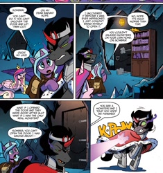 Size: 1394x1486 | Tagged: safe, artist:andypriceart, idw, king sombra, princess cadance, radiant hope, alicorn, pony, unicorn, siege of the crystal empire, spoiler:comic, spoiler:comic36, blast, bookcase, cape, cloak, clothes, comic, female, magic, magic beam, magic blast, male, mare, official comic, stallion