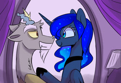 Size: 1380x951 | Tagged: safe, artist:elementalokami, discord, princess luna, alicorn, pony, cute, discute, looking at each other, lunacord, male, shipping, smiling, straight