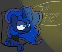 Size: 1100x918 | Tagged: safe, artist:booker-the-dewitt, princess luna, alicorn, pony, annoyed, bust, dialogue, grammar error, lidded eyes, morning, sketch, solo, tired