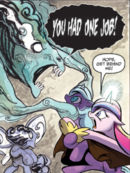 Size: 663x881 | Tagged: safe, artist:andypriceart, edit, idw, ira, princess cadance, rabia, radiant hope, alicorn, pony, umbrum, unicorn, siege of the crystal empire, spoiler:comic, spoiler:comic36, art, cloak, clothes, comic, female, glowing horn, mare, official comic, you had one job, you know for kids