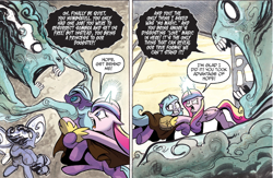 Size: 1400x911 | Tagged: safe, artist:andypriceart, idw, ira, princess cadance, rabia, radiant hope, alicorn, pony, umbrum, unicorn, siege of the crystal empire, spoiler:comic, spoiler:comic36, cloak, clothes, comic, female, glowing horn, love magic, magic, mare, nightmare fuel, official comic, saddle bag, you know for kids