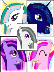 Size: 1280x1707 | Tagged: safe, artist:arcanelexicon, marble pie, princess cadance, princess celestia, princess luna, twilight sparkle, alicorn, pony, alternate hairstyle, hair over one eye, tongue out