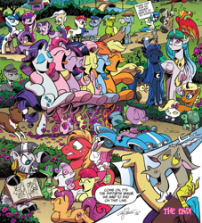 Size: 837x923 | Tagged: safe, artist:andypriceart, idw, angel bunny, apple bloom, applejack, big macintosh, bittersweet (character), discord, dj pon-3, fluttershy, gummy, king sombra, leadwing, mayor mare, observer (character), octavia melody, opalescence, owlowiscious, philomena, pinkie pie, princess cadance, princess celestia, princess flurry heart, princess luna, queen chrysalis, rainbow dash, rarity, scootaloo, shining armor, spike, starlight glimmer, sweetie belle, tank, tiberius, twilight sparkle, twilight sparkle (alicorn), vinyl scratch, winona, zecora, oc, oc:angie, alicorn, changeling, changeling queen, dragon, earth pony, pegasus, pony, unicorn, zebra, accord (arc), chaos theory (arc), conclusion: and chaos into the order came, spoiler:comic, spoiler:comic50, andy price, cranky doodle ryan, cutie mark crusaders, dancing, fourth wall, heather breckel, katie cook, male, mane six, wall of tags