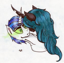 Size: 2279x2265 | Tagged: safe, artist:pepperscratch, queen chrysalis, shining armor, changeling, changeling queen, pony, unicorn, bust, high res, mind control, portrait, traditional art