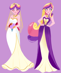 Size: 748x886 | Tagged: safe, artist:endarie, princess cadance, queen chrysalis, human, a canterlot wedding, alternate hairstyle, bouquet, bride, clothes, dress, earring, eyes closed, fake cadance, flower, gown, hand on hip, humanized, lineless, piercing, simple background, solo, wedding dress