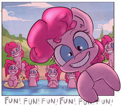 Size: 1000x873 | Tagged: safe, artist:atryl, pinkie pie, earth pony, pony, too many pinkie pies, clone, clones, female, floaty, fourth wall, fun fun fun, grin, looking at you, mare, multeity, pinkie clone, smiling, too much pink energy is dangerous, wide eyes