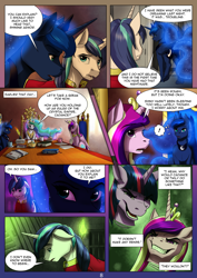 Size: 2480x3508 | Tagged: safe, artist:mykegreywolf, princess cadance, princess celestia, princess luna, shining armor, twilight sparkle, twilight sparkle (alicorn), alicorn, pony, unicorn, comic:night call, book, chair, clothes, crown, dialogue, evil grin, glowing mane, grin, jewelry, nightmare, open mouth, regalia, royal sisters, smiling, speech bubble, table