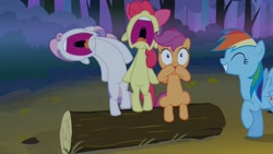 Size: 1280x720 | Tagged: safe, screencap, apple bloom, rainbow dash, scootaloo, sweetie belle, earth pony, pegasus, pony, unicorn, sleepless in ponyville, aaugh!, cutie mark crusaders, faic, female, filly, great moments in animation, mare, nose in the air, scared, screaming, uvula, volumetric mouth