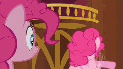 Size: 500x281 | Tagged: safe, edit, edited screencap, screencap, pinkie pie, earth pony, pony, too many pinkie pies, animated, betcha can't make a face crazier than this, clone, meme, nigel thornberry, pinkie clone, smashing (meme)