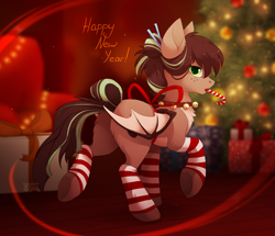 Size: 1965x1692 | Tagged: safe, artist:reysi, oc, oc only, oc:cocoa dot, bat pony, pony, bat pony oc, candy, candy cane, chest fluff, christmas, christmas tree, clothes, female, food, freckles, holiday, looking at you, looking back, looking back at you, mare, plot, present, raised hoof, raised leg, socks, solo, stockings, striped socks, thigh highs, tree