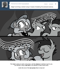 Size: 666x800 | Tagged: safe, artist:egophiliac, princess luna, oc, oc:frolicsome meadowlark, oc:sunshine smiles (egophiliac), bat pony, pony, cartographer's deerstalker, filly, grayscale, monochrome, moonstuck, music notes, singing, woona, younger