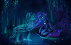 Size: 2100x1348 | Tagged: safe, artist:stasushka, princess luna, tantabus, oc, alicorn, bat pony, ghost, pony, broken horn, chin stroke, colored pupils, commission, crying, eye contact, forgiveness, lake, looking at each other, outdoors, pond, sad, scenery, sitting, spirit, teary eyes, underhoof, water, wings