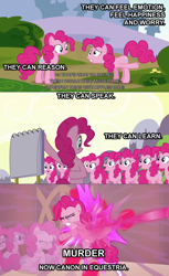 Size: 640x1049 | Tagged: safe, edit, edited screencap, screencap, pinkie pie, earth pony, pony, too many pinkie pies, caption, clone, comic, female, imminent death, implied murder, mare, meta, pinkie clone, pinkie clone debate, screencap comic