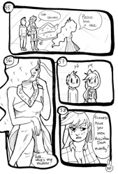 Size: 1024x1519 | Tagged: safe, artist:tunna10, applejack, princess celestia, spike, human, comic, humanized, monochrome