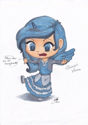 Size: 2468x3508 | Tagged: safe, artist:ekaterina07, princess luna, human, chibi, clothes, dress, female, horned humanization, humanized, marker drawing, mary janes, shirt, shoes, simple background, solo, traditional art, white background, winged humanization