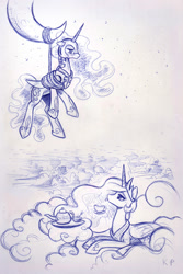Size: 1000x1500 | Tagged: safe, artist:kp-shadowsquirrel, nightmare moon, princess celestia, princess luna, alicorn, pony, ballpoint pen, bound wings, cloud, cloudy, crescent moon, monochrome, rope, suspended, tangible heavenly object, tea, tea party, teacup, teapot, tied up, tongue out, traditional art