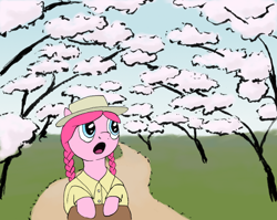 Size: 800x636 | Tagged: safe, artist:ambrosebuttercrust, pinkie pie, earth pony, pony, anne of green gables, book, crossover, hat, parody, tree