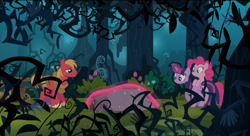 Size: 1433x779 | Tagged: safe, screencap, big macintosh, pinkie pie, twilight sparkle, unicorn twilight, earth pony, pony, unicorn, too many pinkie pies, brambles, everfree forest, female, forest, magic, male, mare, rock, stallion, telekinesis, trio