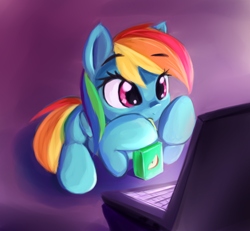 Size: 900x832 | Tagged: safe, artist:fajeh, rainbow dash, pegasus, pony, computer, cute, dashabetes, drink, juice box, laptop computer, prone, solo