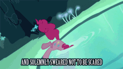 Size: 500x281 | Tagged: safe, screencap, pinkie pie, earth pony, pony, too many pinkie pies, animated, cave, cave pool, mirror pool, solo, subtitles