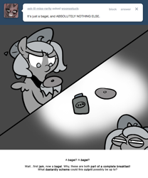 Size: 666x800 | Tagged: safe, artist:egophiliac, princess luna, alicorn, pony, absolutely nothing else, bagel, bread, cartographer's deerstalker, filly, food, grayscale, jam, monochrome, moonstuck, solo, woona, younger