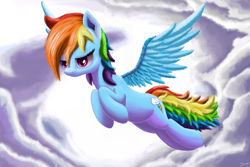 Size: 1500x1000 | Tagged: dead source, safe, artist:denial-is-tragic, rainbow dash, pegasus, pony, cloud, cloudy, cutie mark, female, flying, sky, solo, spread wings, wings