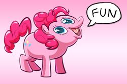 Size: 1400x931 | Tagged: safe, artist:ufocookiez, pinkie pie, earth pony, pony, too many pinkie pies, female, fun fun fun, mare, pink coat, pink mane