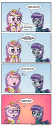 Size: 1000x2359 | Tagged: safe, artist:daniel-sg, maud pie, princess cadance, alicorn, pony, angry, blushing, burn, clothes, comic, crown, deadpan snarker, eyes closed, eyeshadow, female, heart, imminent beatdown, implied weight gain, jewelry, looking at each other, makeup, mare, maud burns, open mouth, pregnant, regalia, rekt, smiling, speech bubble, this will end in death, this will end in pain, unamused, when she smiles