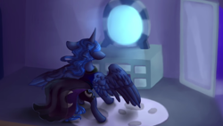 Size: 816x461 | Tagged: artist needed, safe, princess luna, alicorn, pony, clothes, dress, mirror, remembrance (audio drama), solo