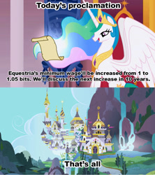 Size: 1021x1149 | Tagged: safe, princess celestia, alicorn, pony, celestia's proclamation, economics, exploitable meme, meme, minimum wage